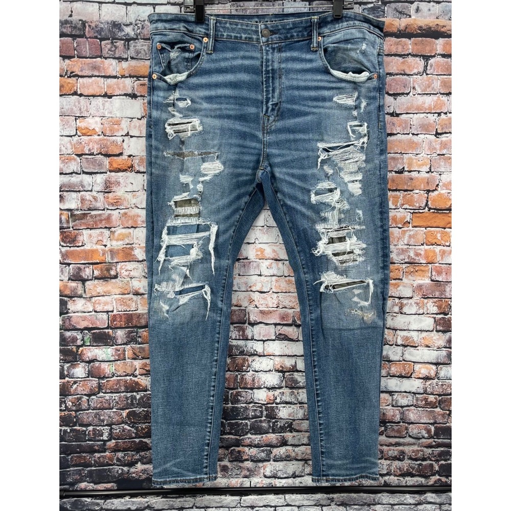American Eagle AirFlex+ Athletic Skinny Jeans Mens 40x32 Blue Distressed Ripped